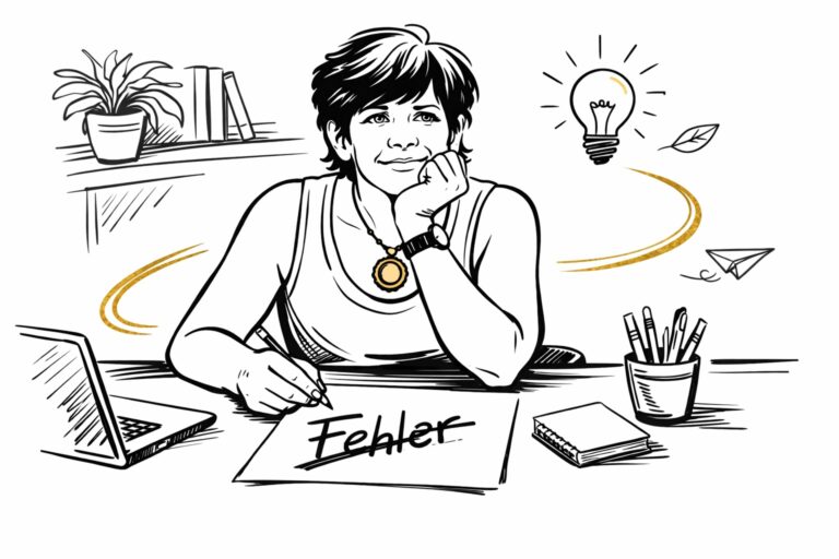 Illustration einer Coach am Schreibtisch, die das Wort „Fehler“ auf einem Blatt durchstreicht – Symbol für persönliches Wachstum und einen neuen Blick auf Fehler.