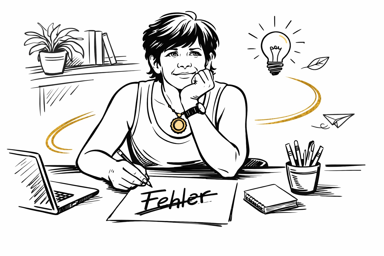 Illustration einer Coach am Schreibtisch, die das Wort „Fehler“ auf einem Blatt durchstreicht – Symbol für persönliches Wachstum und einen neuen Blick auf Fehler.