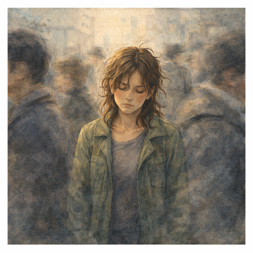 Frau steht erschöpft in einer Menschenmenge und wirkt innerlich überfordert und gestresst