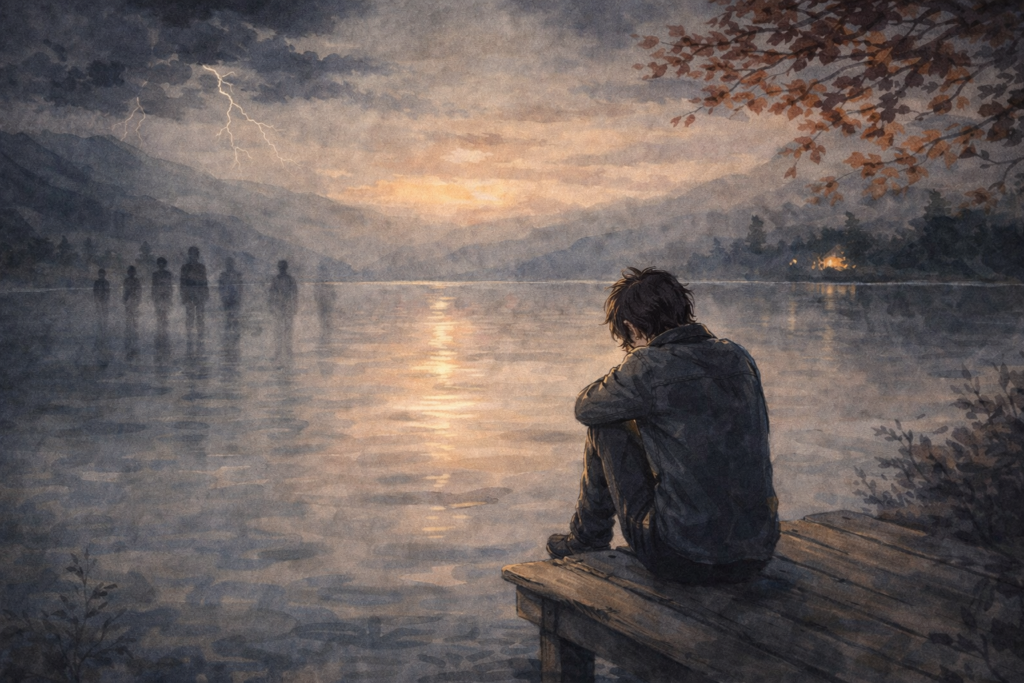 Allein sitzende Person am See bei Dämmerung, wirkt isoliert und nach innen gekehrt – Symbol für Einsamkeit und Rückzug