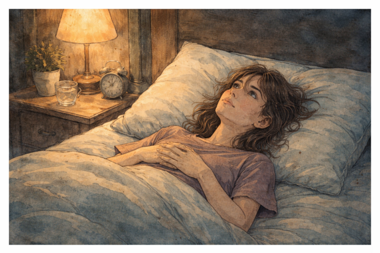 Frau liegt nachts wach im Bett, während Gedanken kreisen und innere Unruhe spürbar ist